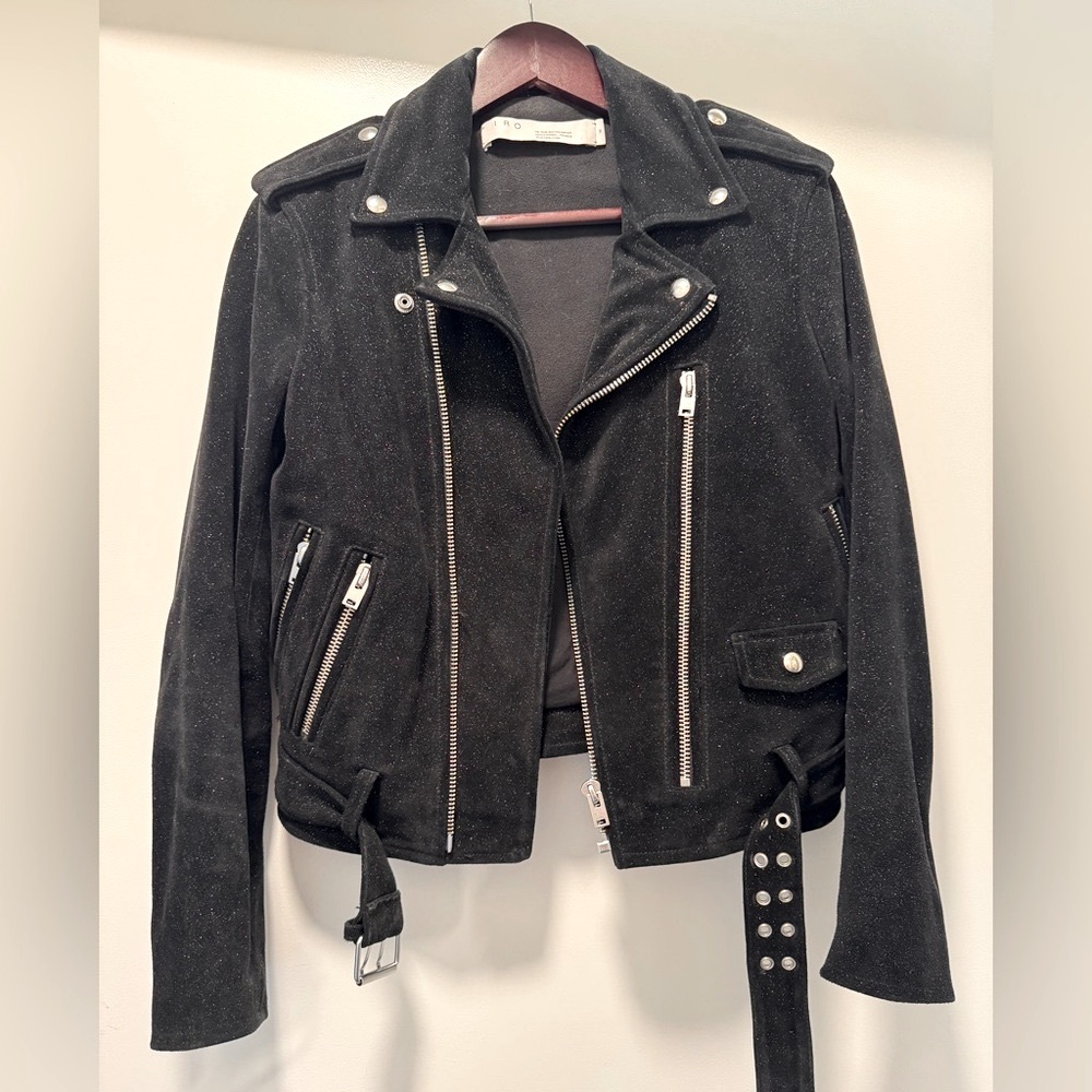 IRO Black Suede Leather Glitter Biker Jacket